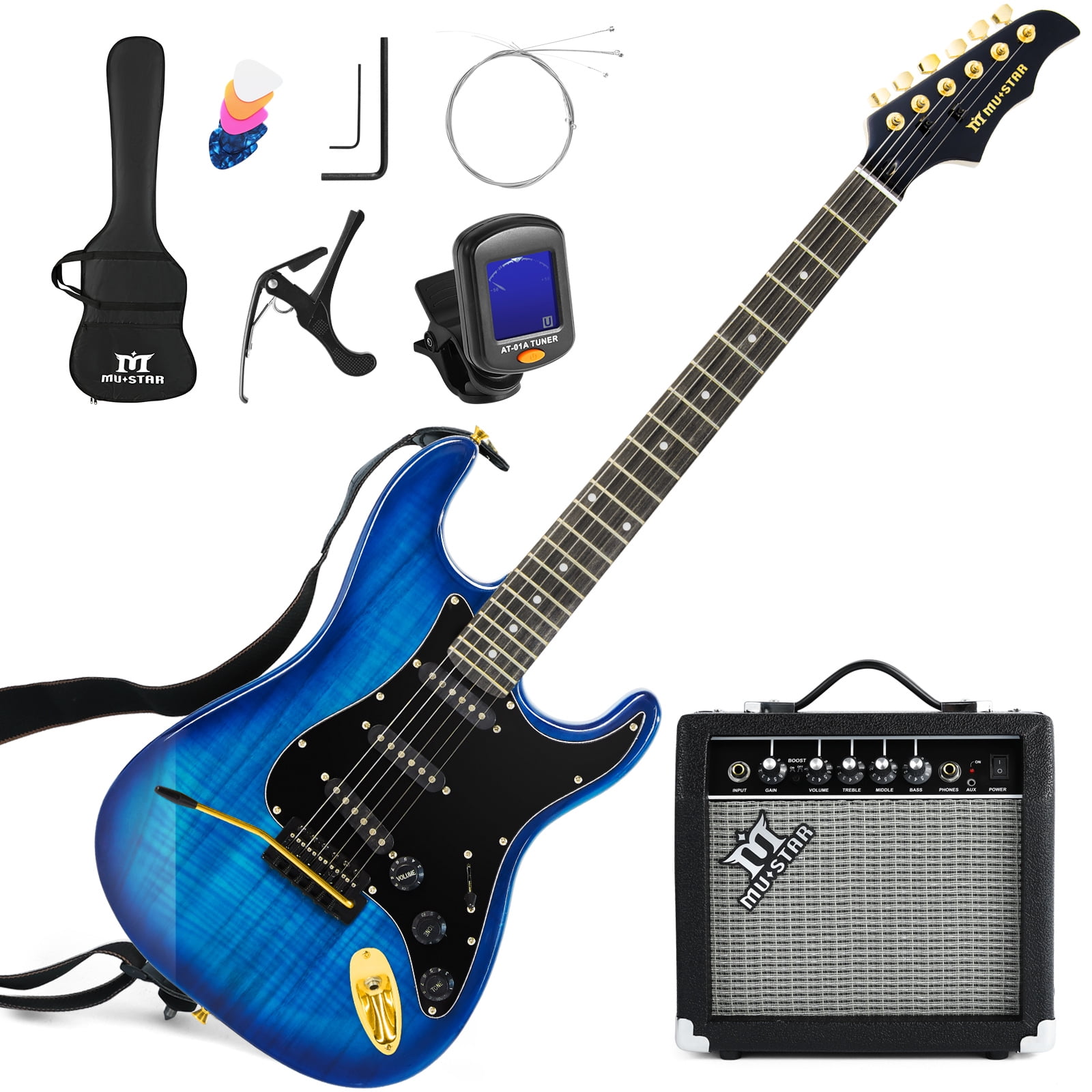 MUSTAR 39 Inch Full Size Solid Wood Electric Guitar Kit Beginner Gift with 25W Amplifier Gig Bag,Digital Tuner,Capo,Strap,Cable,Picks(Blue)