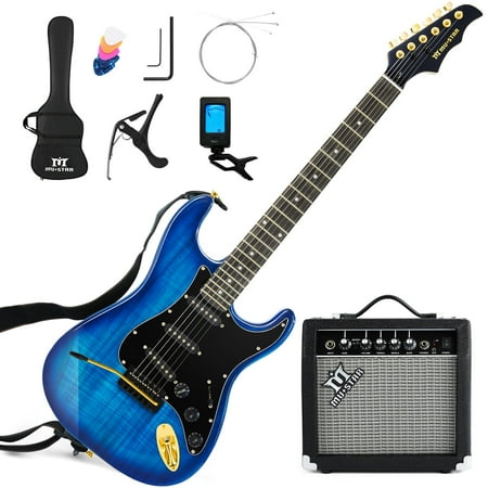 MUSTAR 39 Inch Full Size Solid Wood Electric Guitar Kit Beginner Gift with 25W Amplifier Gig Bag,Digital Tuner,Capo,Strap,Cable,Picks(Blue)