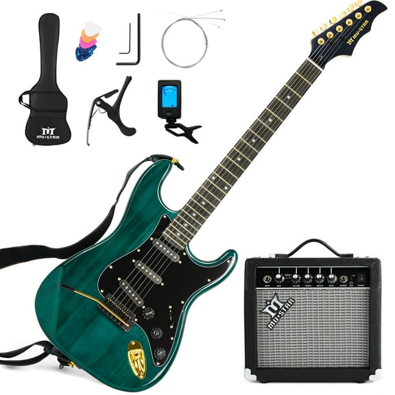 Mustar 39" Full Size Electric Guitar Beginner Kit with Amplifier, Bag, Digital Tuner, Capo, Strap, String, Cable, Picks (Ripple Green)