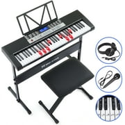 Mustar 61 Key Electric Lighted Keyboard Piano with 255 Tones/Rhythms, Smart Learning System, Headphone, Microphone, Keyboard Stand, Stool, Stickers (Black)