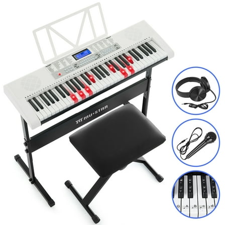 Mustar 61 Key Electric Lighted Keyboard Piano with 255 Tones/Rhythms, Smart Learning System, Headphone, Microphone, Keyboard Stand, Stool, Stickers (White)