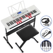 Mustar 61 Key Electric Lighted Keyboard Piano with 255 Tones/Rhythms, Smart Learning System, Headphone, Microphone, Keyboard Stand, Stool, Stickers White
