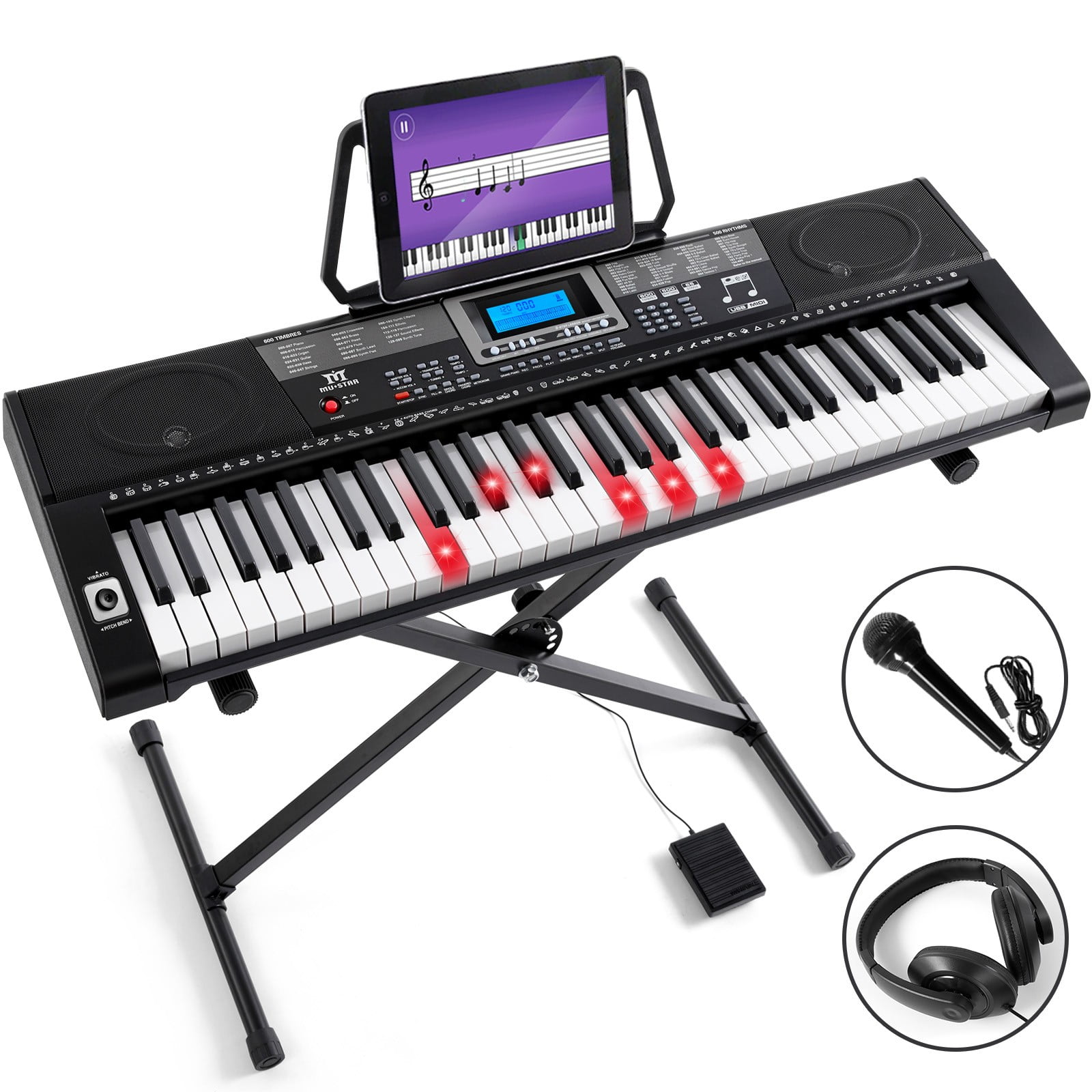 Mustar 61 Lighted Keys Electronic Keyboard Piano Set with USB MIDI, Headphones, Microphone, Sustain Pedal, Stand for Beginner