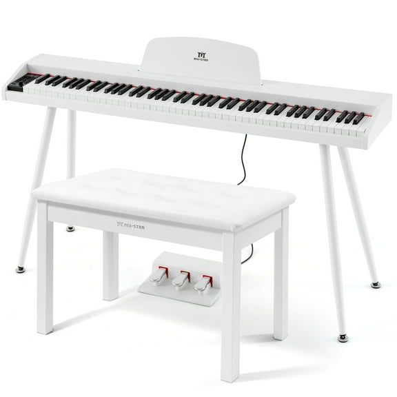 Mustar 88 Key Portable Electric Digital Keyboard Piano Semi Weighted with Storage Stool, 3 Pedals, Built-In Speakers, USB/MIDI, White