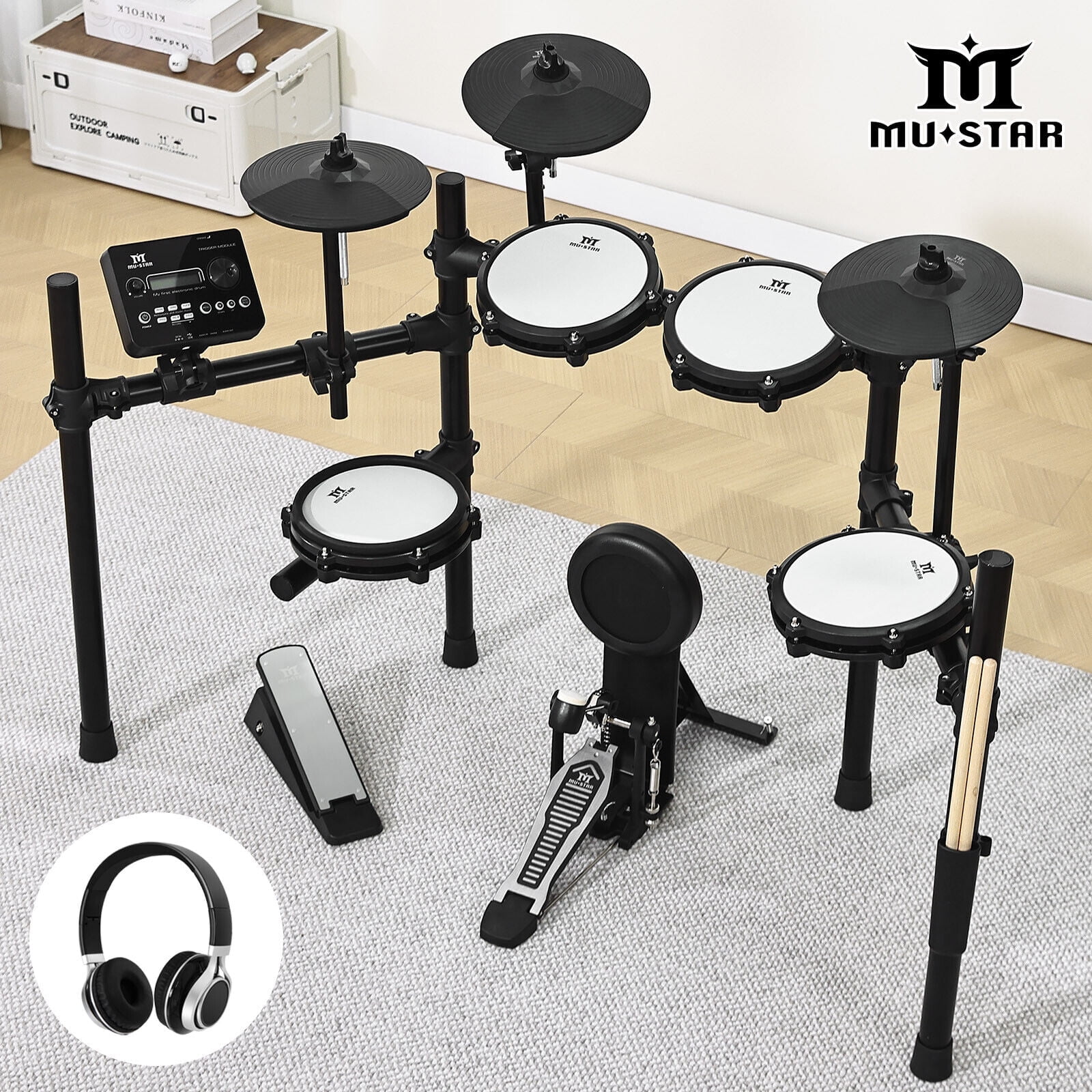 MUSTAR 10PCS Electronic Drum Set 450 Sounds,Quiet Mesh Drum Pads,2 Cymbals w/Choke,Kick Drum,2 Pedals,Headphones,Sticks,USB MIDI,5 Pads,3 Cymbals