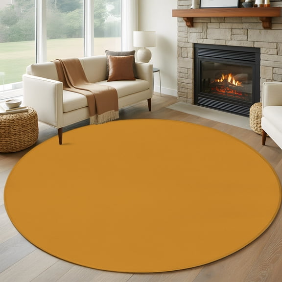 Mustard 8FT Round Area Rugs for Living Room Golden Yellow Color Solid Background Autumnal Rustic Farmhouse Ultra-Thin Non-Slip Round Rugs Washable Low Pile Circle Carpet for Bedroom Kitchen Nursery