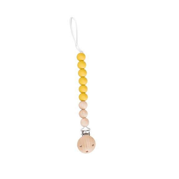 Mustard Babeehive Goods Beaded Wooden & Silicone Pacifier Clip | Perfect Blend of Fashion and Functionality | Natural Wood Rings and Soft Silicone Beads | Gentle on Gums, Teeth and BPA-Free