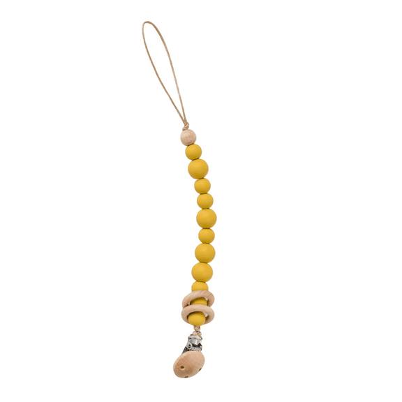 Mustard Babeehive Goods Silicone Bead & Wood Ring Pacifier Clip | Perfect Blend of Fashion and Functionality | Natural Wood Rings and Soft Silicone Beads | Gentle on Gums,Teeth and BPA-Free