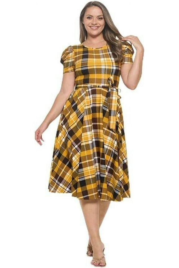 Mustard Brown Large-X-large Size Women's Short Puff Sleeve Midi Plaid Cocktail Flare Tea Party, Formal and Casual Dresses