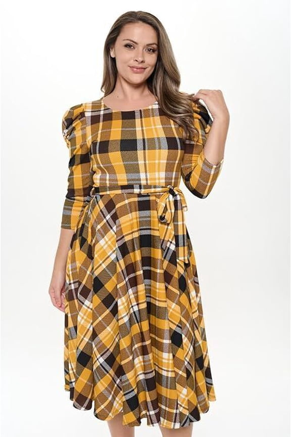 Mustard Brown Plaid 2X Plus Size Women's Summer Swing Puff Long Sleeve Midi Cocktail Pockets with Tie Waist for Party, Formal and Casual Dresses