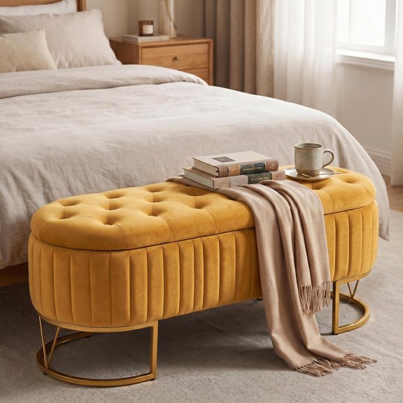Mustard Drkat Velvet Storage Bench with Golden Metal Legs, Modern