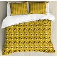thumbnail image 1 of Mustard Duvet Cover Set, Electricity Related Multitude Ceiling Lamp Retro Drawings Pattern, Decorative 3 Piece Bedding Set with 2 Pillow Shams, Calking Size, Dark Yellow Charcoal Grey, by Ambesonne, 1 of 3