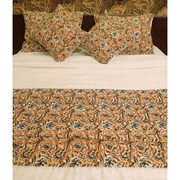 Mustard Floral Block Print Indian Kantha Quilt, Handmade Cotton Bedspread, 100% Hand Stitched Blanket, Boho Bedding