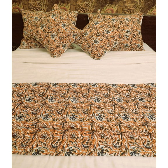 Mustard Floral Block Print Indian Kantha Quilt, Handmade Cotton Bedspread, 100% Hand Stitched Blanket, Boho Bedding