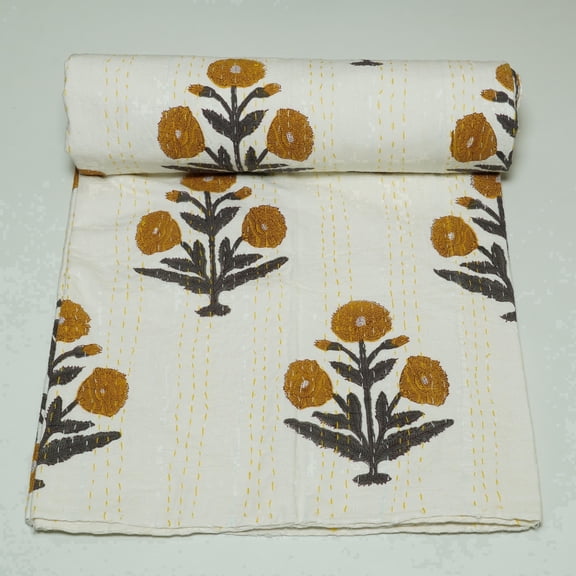 Ozark Textile Mustard Floral Indian Handmade Cotton Quilts