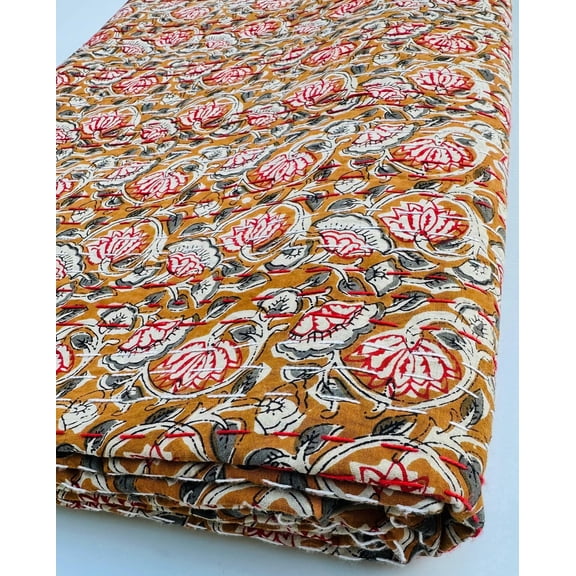 Mustard Floral Kantha Quilt Handmade Cotton Red White Block Print Bedspread, Lightweight Hand Stitched Boho Bedding