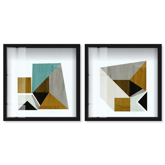 Mustard Geo Set Shadowbox Print Colorful Wall Decor Set by Art Remedy, Black Frame, 12 x 12