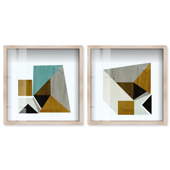 Mustard Geo Set Shadowbox Print Colorful Wall Decor Set by Art Remedy, Blonde Frame, 12 x 12