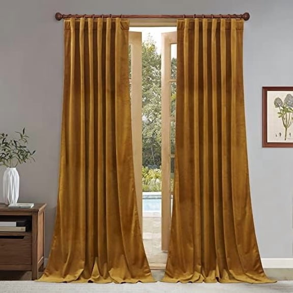 Mustard Gold Curtains Velvet - Vintage Retro Home Decor Drapes for Living Room Light Blocking Heat Resistant Curtain for Sliding Door/French Window, W52 x L84, 2 Panels