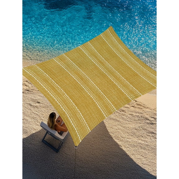 Mustard Gold Striped Sun Shade Sail 12' x 16', Coastal Grandma Farmhouse Rustic Linen Texture Rectangle Outdoor Sunshade Canopy, Waterproof UV Block Patio Covers for Garden Yard Beach