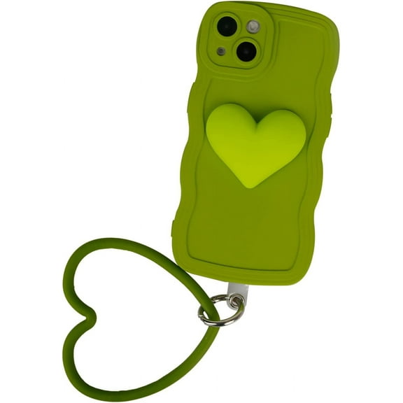 Mustard Green Heart Phone Case Compatible with iPhone 12, Cute 3D Big Love Heart Phone Case, Curly Wave Shape Heart Phone Cover with Heart Bracelet for Women Girls