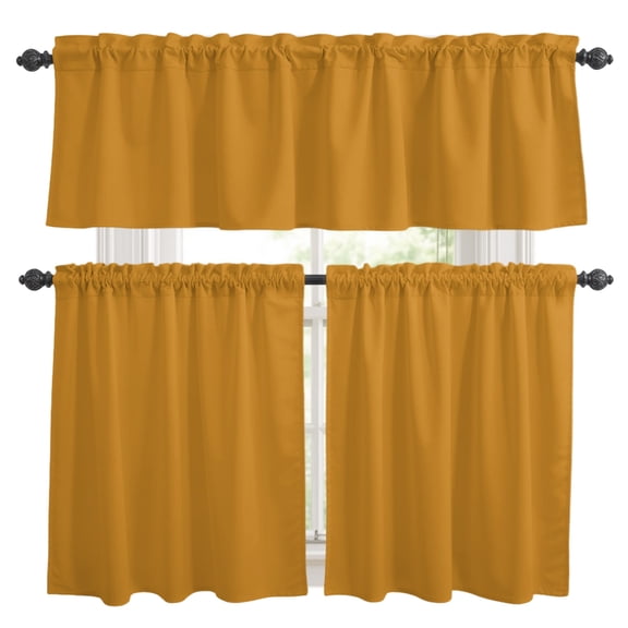 Mustard Kitchen Curtains Set for Windows, Golden Yellow Color Solid Background Autumnal Rustic Farmhouse Curtains Valance and Tier 3 Piece Set Small Drapes 36 Inch Length for Kitchen Bedroom Decor