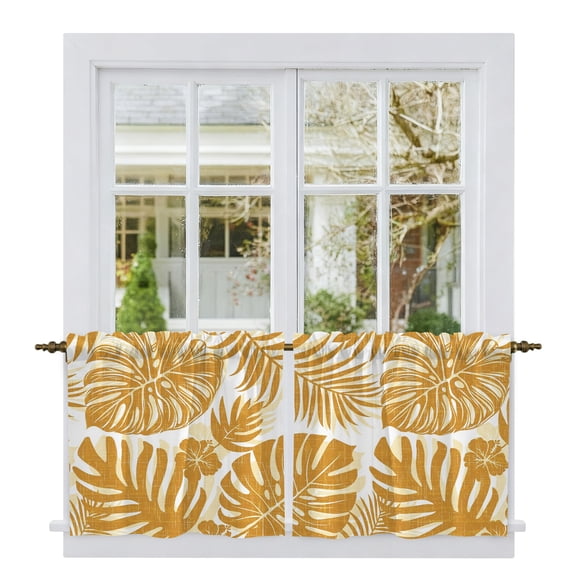Mustard Monstera Tier Curtains 24 Inch Length, Palm Tree Leaf Boho Botanical Tropical Cafe Short Curtains for Bathroom Over Sink, Small Kitchen Curtain Light Filtering Drapes 2 Panels 27.5"Wx24"L