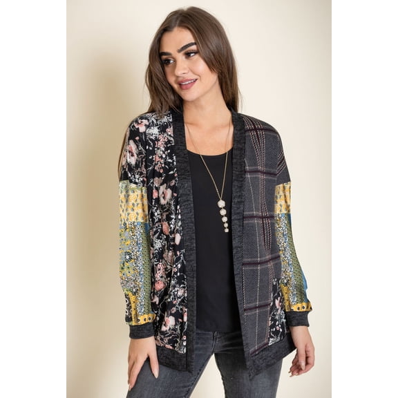 Mustard Olive Patchwork Sleeve Mix Fabric Cardigan