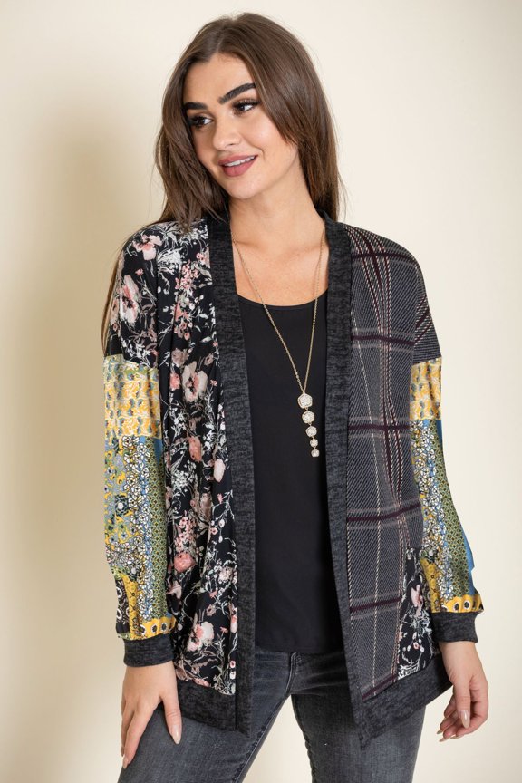 Mustard Olive Patchwork Sleeve Mix Fabric Cardigan