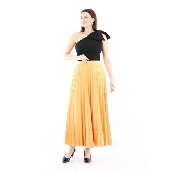 Mustard Pleated Maxi Skirt Elastic Waist Band Ankle Length Plisse Skirt - G-Line