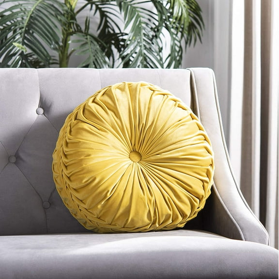 Mustard Round Button Tufted Decorative Pillow Pillow, 19"x19"