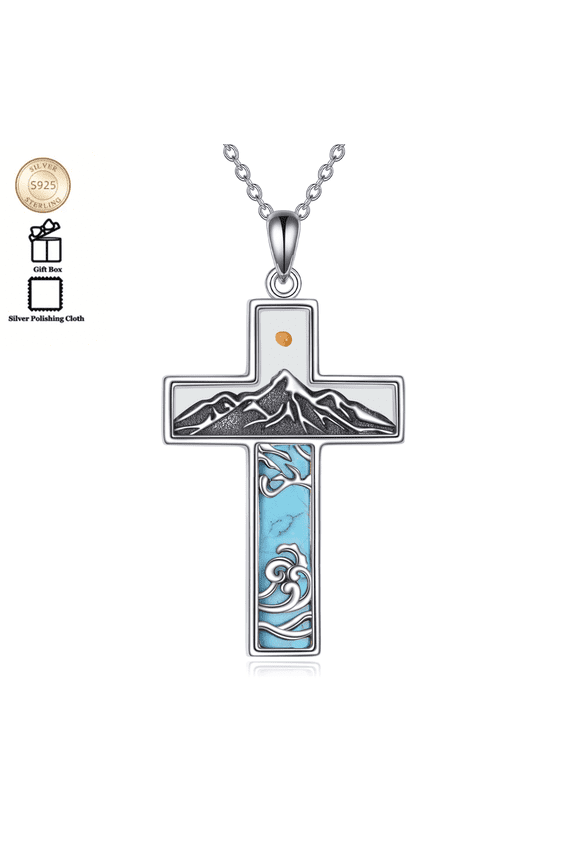 Mustard Seed Cross Necklace S925 Sterling Silver Turquoise Mountain Pendant Necklaces Religion Faith Jewelry Gifts for Women