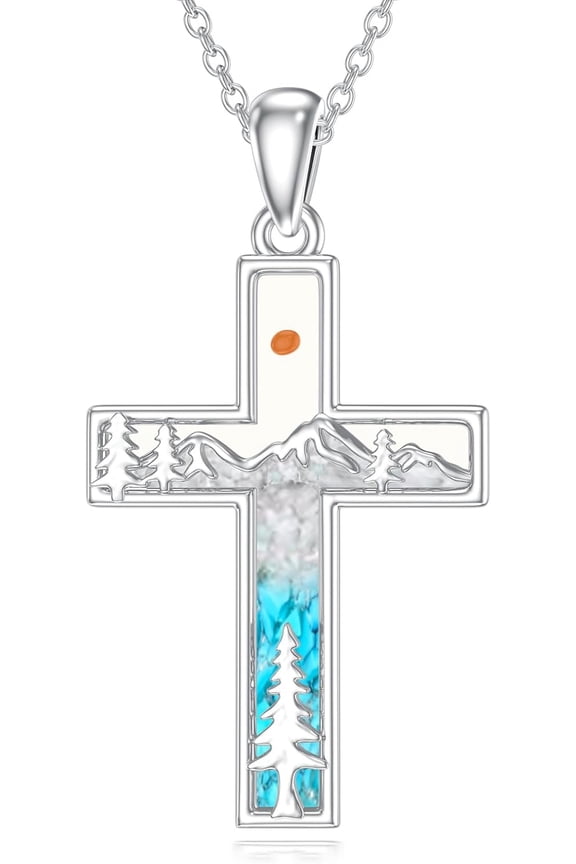 Mustard Seed Necklace for Women 925 Sterling Silver Cross Mustard Seed Turquoise Chip Necklace Mountain Faith Cross Pendant Jewelry Gifts for Hikers Climbers Nature Lover