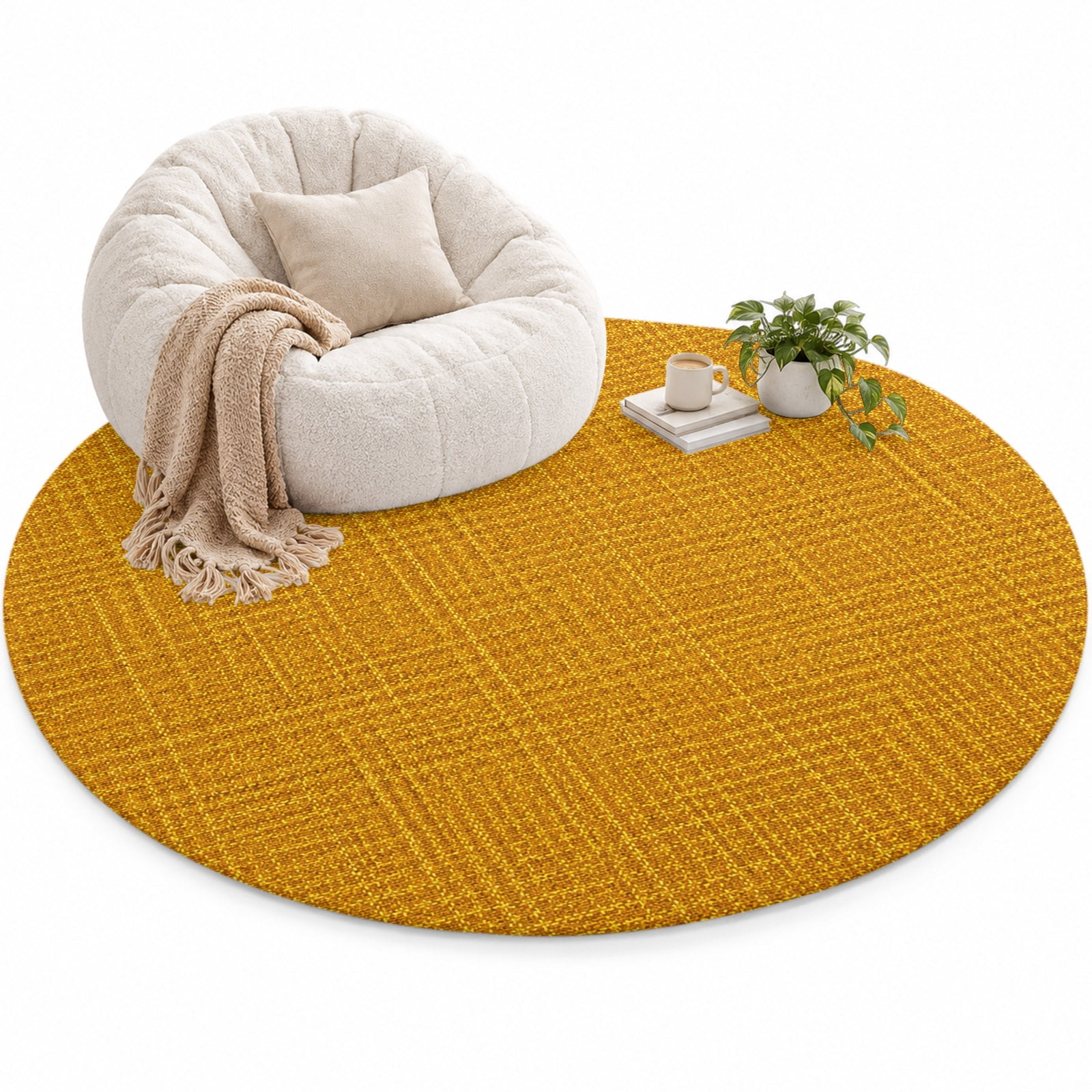 Mustard Solid Color Area Rug 6', Gold Woven Fabric Texture Rustic ...
