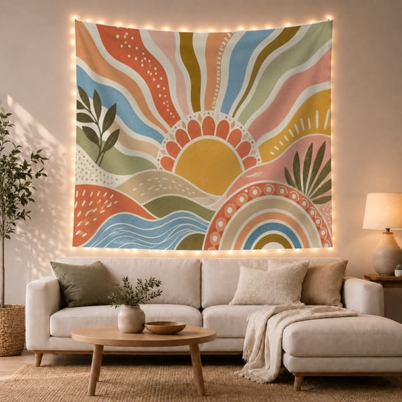 Mustard Sun Among Ribbon Rays, Hills and Foliage, Serene Boho for Nature Lovers, Organic Landscape Art, Housewarming Gift, Tapestry Wall Hanging for Bedroom and Studio