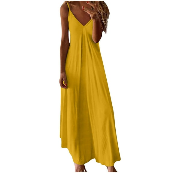 Mustard Yellow Beach Casual for Women Fall Summer Sleeveless Slip Vneck Spandex Maxi Long Bohemian Hawaiian Tropical Plain Dresses Sun Dresses Ladies 2025 Clothes Y2K L