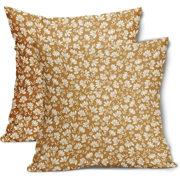 Mustard Yellow Beige Daisy Floral Pillow Covers 18X18 Inch Vintage Flowers Decorative Pillow Cases Set of 2 Block Print Cotton Linen Throw Pillows Farmhouse Decor For Couch Porch Bed Cushion Outdoor
