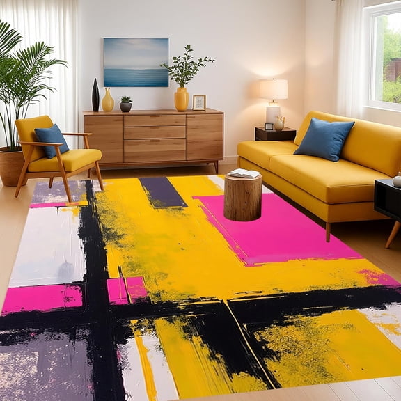 Mustard Yellow Black Pink Area Rugs, Art Deco Abstract Design Carpet, Washable Non Slip Low Pile Rug for Living Room Bedroom Dining Room Office Decor Mat 2x3ft