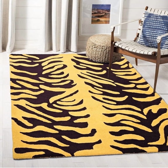 Contemporary Animal Print Handmade Mustard Yellow & Black Zebra Pattern Area Rug, 8' Round, Premium Wool