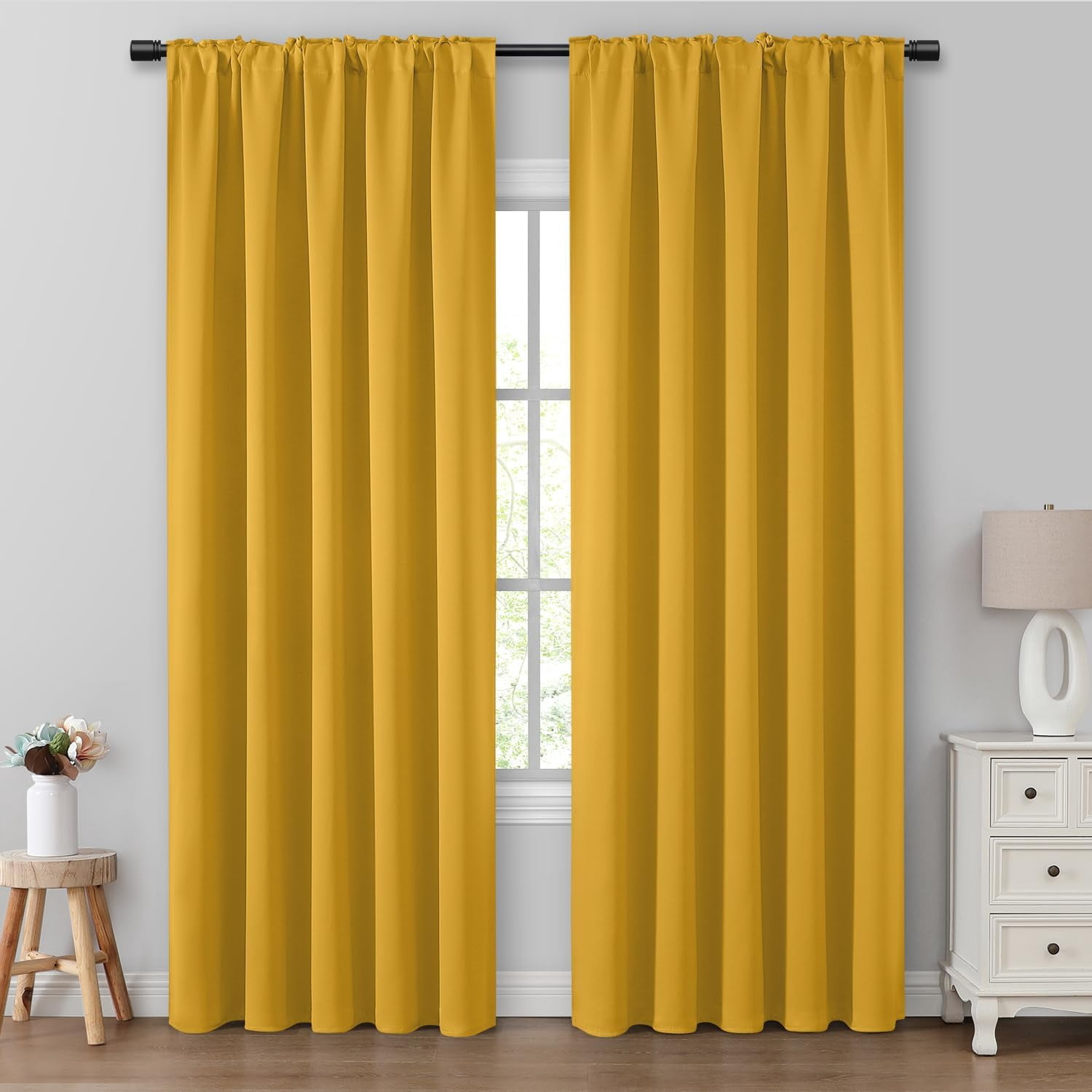 Mustard Yellow Blackout Curtains, 2 Pages Room Darkening Bedroom Pinch ...