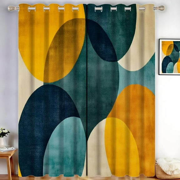 Mustard Yellow Blackout Curtains For Bedroom Living Room Drop Circle Eyelet Curtain Modern Geometry Thermal Insulated Noise Reducing Drapes Window Treatment Sets 38"W x 45"L (Pack of 2)