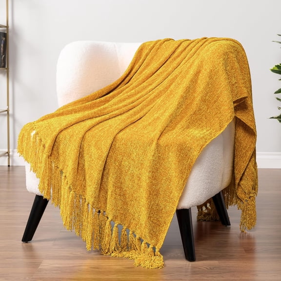 Mustard Yellow Blanket for Couch, Chenille Throw for Sofa Bed, Soft Knit Woven Gold Blanket with Decorative Tassel for Chair Living Room, Mustard Yellow 50x60