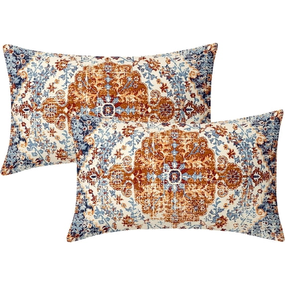Mustard Yellow Blue Ethnic Boho Lumbar Pillow Covers 12x20 Inch Bohemian Carpet Vintage Orange Grey Floral Rectangle Throw Pillows Farmhouse Accent Home Decor For Bedroom Couch Sofa Porch Set Of 2
