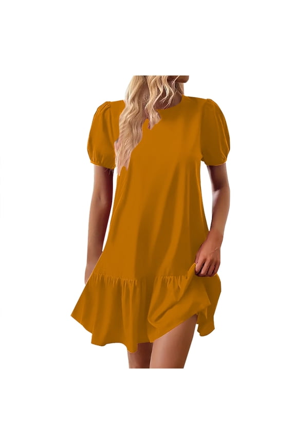 Mustard Yellow Boat Neck for Women Fall Summer Short Puff Sleeve Long Formal Prom Party Evening Gowns Modest Brunch Rave Ruffle Plain Dresses Homecoming Dresses Women 2026 M