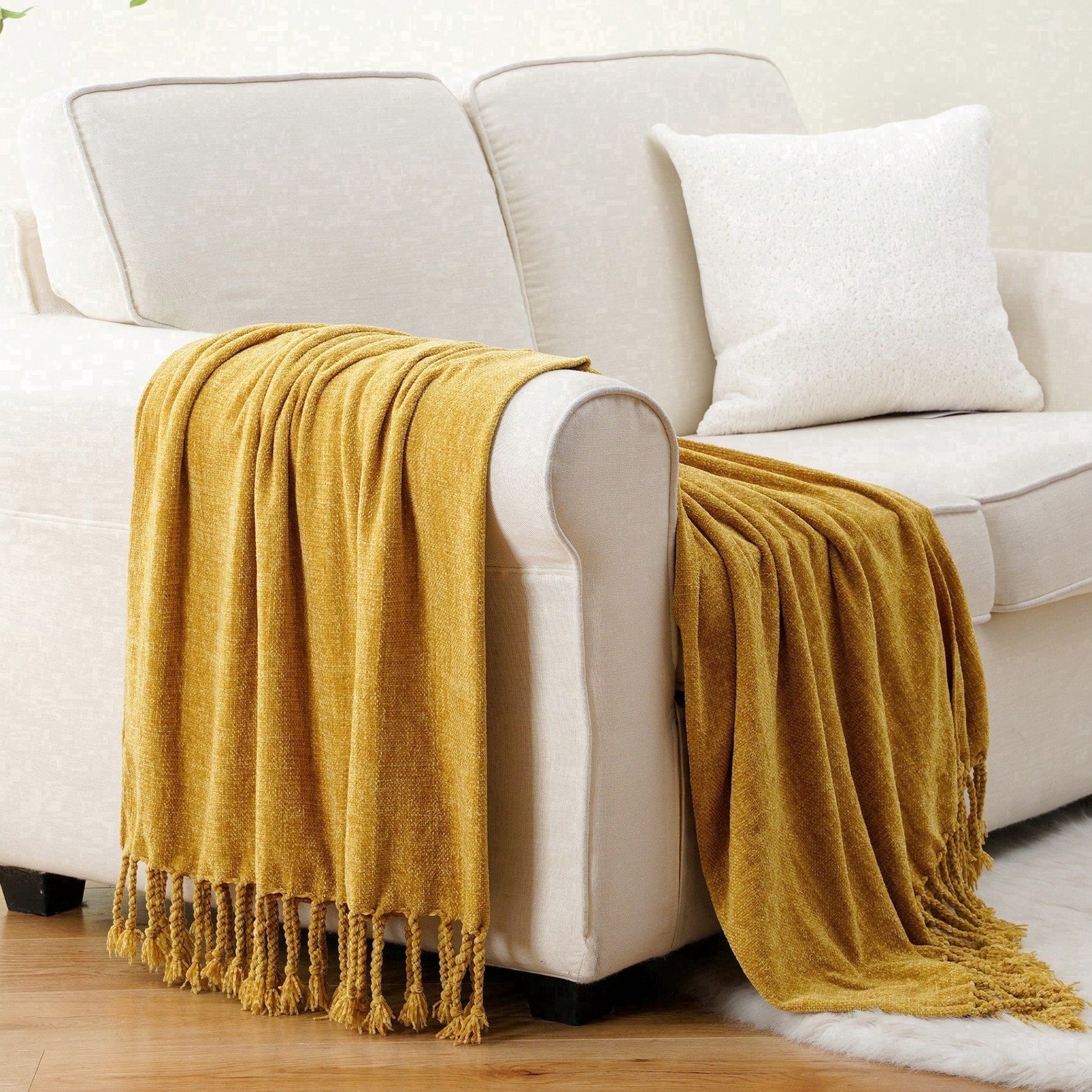 Battilo Mustard Yellow Chenille Throw Blanket,Decorative Fringe Velvety Gold Blanket for Home Decor,50"x60"