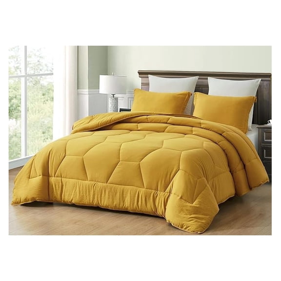 Mustard Yellow Comforter Set Oversized King Size 3-Piece Fluffy Soft Lightweight Bedding Honeycomb Geometric Quilted Stone-Washed Microfiber Comforter Set for All Season