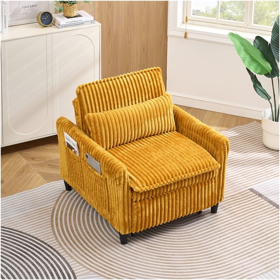 Mustard Yellow Corduroy Accent Chair, Compact Single Seater Sofa with Pillow for Small Spaces, Apartment Living Room Bedroom Balcony
