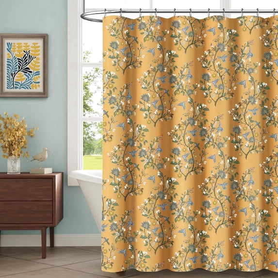 Mustard Yellow Cotton Floral Shower Curtain,Vintage Anthropologie Shower Curtains for Bathroom,72Wx72H