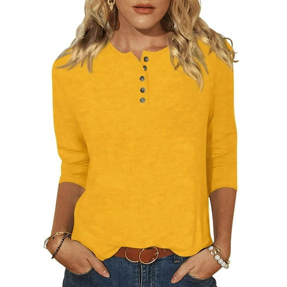 Mustard Yellow Crew Henley Neck T Shirt for Women Fall Summer Long 3/4 Length Sleeve Gradient Loose Fit Basic Tops Shirt Women Button 2025 Soft Comfy Clothing Fashion XXL