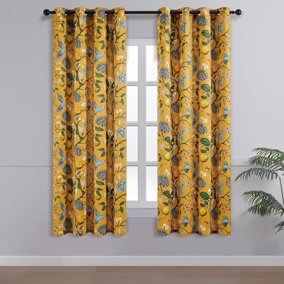 JJCOITR Mustard Yellow Curtains Rustic Thermal Insulated Floral Flower Modern Farmhouse Window Treatment 63 Inch Length 1 Panels Bedroom 52"x63"